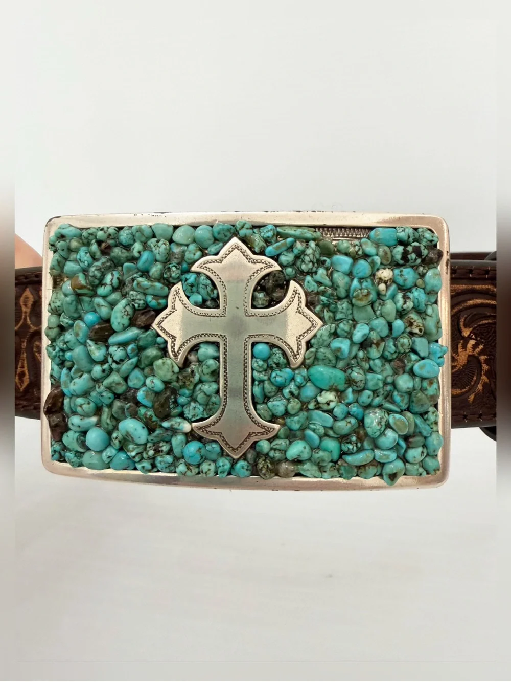 Nocona Leather Women's Nocona Distressed Scroll Triquoise Cross Buckle Belt - L